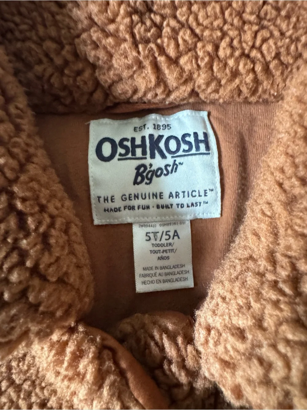 OshKosh B’gosh Teddy Sherpa Jacket Brown Cozy Fleece Coat Toddler Girls Size 5T